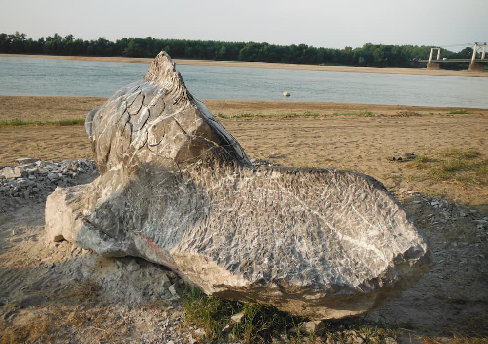 Sculpture monumentale représentant un poisson dans un bloc de pierre-Rapha-Montjean-sur-Loire