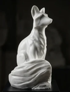 Voici un texte alternatif SEO clair et descriptif : Texte alternatif : Renard sculpté en marbre de Carrare, 33 cm, œuvre de l’artiste Raphaëlle Duval à Bassens (33).